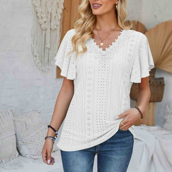 Njoeus Summer Tops for Women Ruffle Short Sleeve T Shirts Floral V-Neck Top Loose Fitting Eyelet Blouse Trendy S-XXL