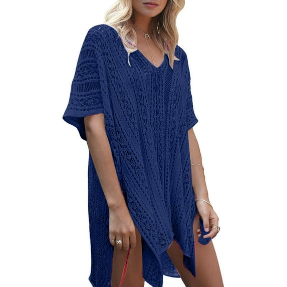 Njoeus Swimsuit Cover Ups for Women V Neck Loose Beach Bathing Suit Crochet Cover Up Short Sleeve Hollow Out Bikini Coverup