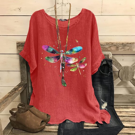 Njoeus T-Shirts & Graphic Tees Cute Summer Tops for Women Linen Shirts for Women, Women's Fashion Print Tees Casual Crew Neck Raglan Short Sleeve Loose T Shirt Cotton Linen Tops Blouses Sexy Tops for