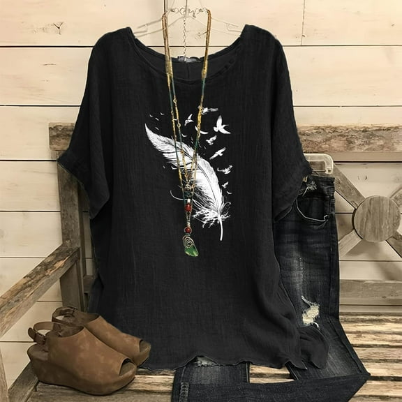 Njoeus T-Shirts & Graphic Tees Shirts for Women Linen Shirts for Women, Women's Fashion Print Tees Casual Crew Neck Raglan Short Sleeve Loose T Shirt Cotton Linen Tops Blouses Business Casual Tops for