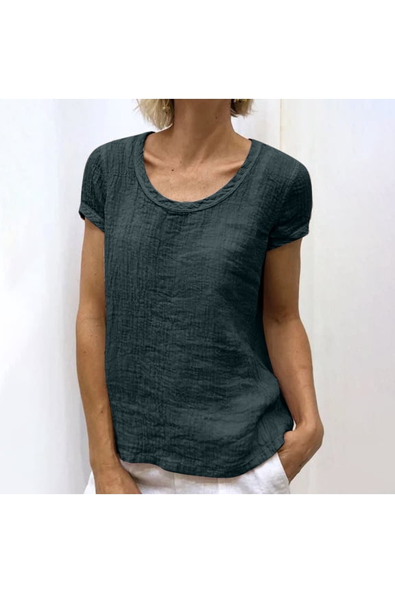 T-Shirts & Graphic Tees Shirts for Women Linen Shirts for Women, Women's Solid Color Bubble Wrinkled Cotton Double-Layer Crepe Fabric Round Neck Short Sleeve T-Shirt Top White Blouses for Women