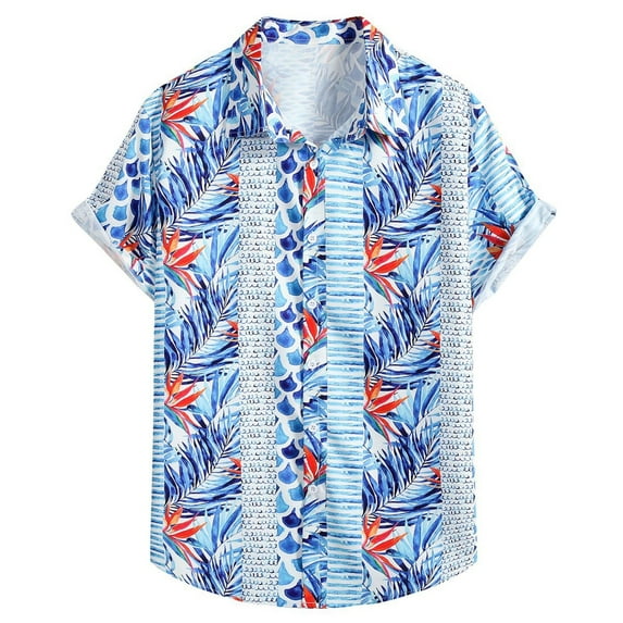 Njoeus T Shirts Men Big & Tall Tops Men's Leaf Printed Hawaiian Beach Shirt Casual Lightweight Short Sleeve Button Up Tops Summer T Shirts Blouse Mens White Tee Shirts