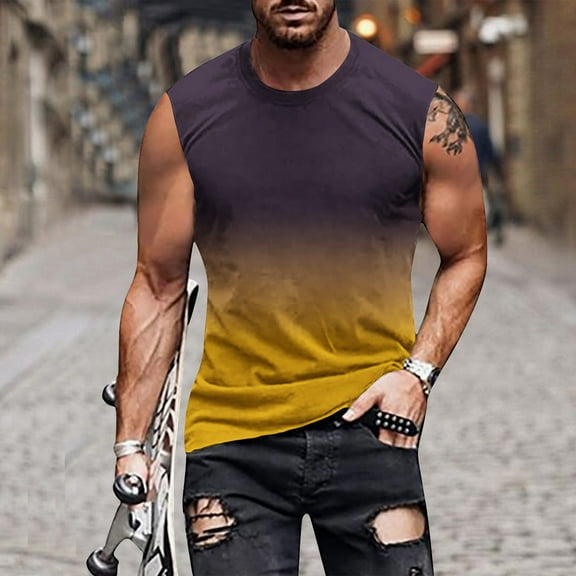 Njoeus T Shirts Men Sports Shirts for Men Tank Tops for Men, Men's Relaxed Fitted Gradient Sleeveless Vests Casual Summer Tops Crew Neck Gym Workout T-Shirt Mens Big & Tall Running Sports Tees M-4Xl G