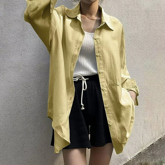 Njoeus T Shirts for Women, Women's Casual Elegant Long Sleeve Plain T-Shirt Button Up Loose Tunic Tee Tops Spring Spring Clothes for Women Plus Size S-5XL