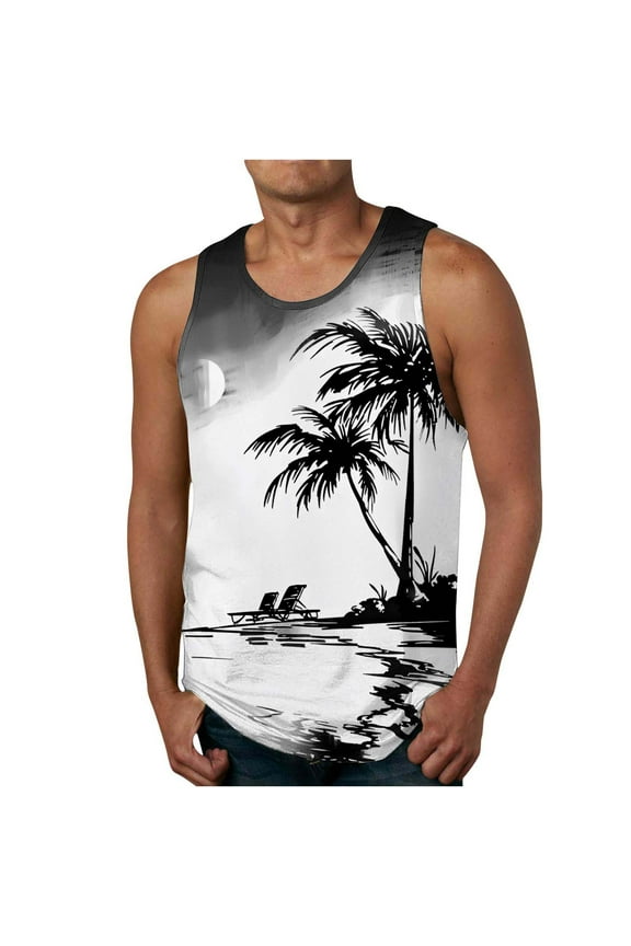 Aueoeo Tank Tops Men's Big & Tall Hawaiian Beach Shirt Palm Tree Novelty Graphic Tees Mens Casual Vacation Sleeveless Shirts Summer Sports T-Shirt 2X 3X 4X White