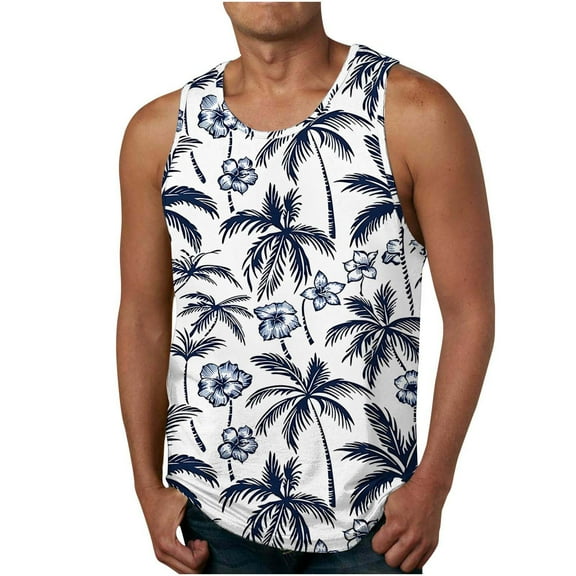 Aueoeo Tank Tops Men's Big & Tall Hawaiian Beach Shirt Palm Tree Novelty Graphic Tees Mens Casual Vacation Sleeveless Shirts Summer Sports T-Shirt 2X 3X 4X Blue