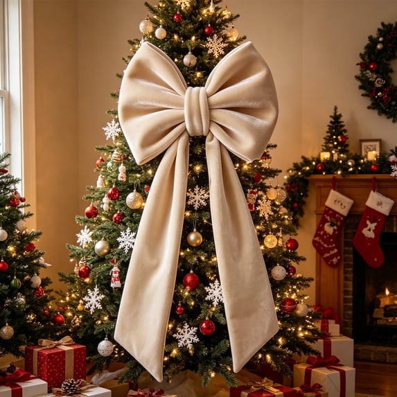 Njoeus Thick Velvet Large Trailing Bow, Christmas Tree Doorway Fireplace Decoration, Large Bow Pendant Set Brings White Velvet Bow for Tree, Fireplace in White