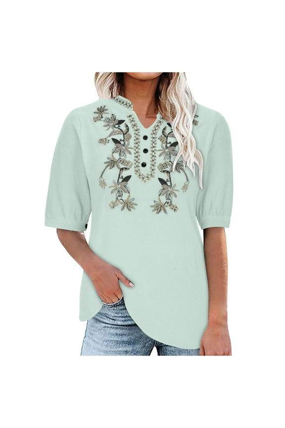 Tops for Women Trendy Ladies Summer Tops Women's Solid V-Neck Cotton Linen T-Shirts Short Sleeve T-Shirt Summer Beach Top Business Casual Tops for Women Trendy S-3Xl Up To 60% Off Summer Saving