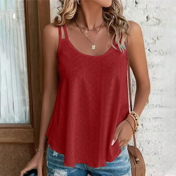 Njoeus Tops for Women Trendy Ladies Tops and Blouses Womens Tank Tops 2025 Trendy Summer Spaghetti Strap Camisole Top Eyelet Embroidery Scoop Neck Tunic Tops Casual Blouse S-3Xl Blouse Plus Size Women