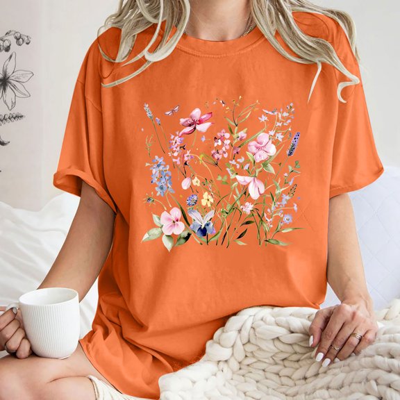 Njoeus Tops for Women Trendy T Shirts for Women Women's Cute Summer Tops Casual Crewneck Short Sleeve T-Shirt Floral Print Oversized Graphic Tees Loose Top T-Shirt S-Xxl Women Shirt Plus Size Shirt On