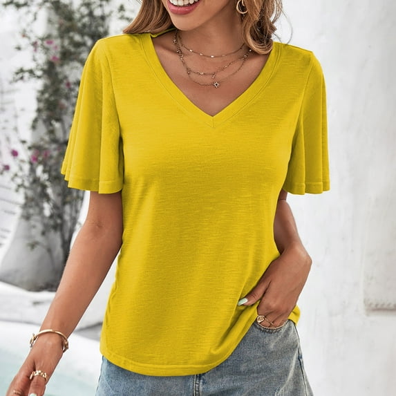 Njoeus Tops for Women Trendy White Blouses for Women Dressy Fashion Women's Summer V-Neck Solid Short Sleeve Sexy Top Blouse Ladies Tops and Blouses On Clearance