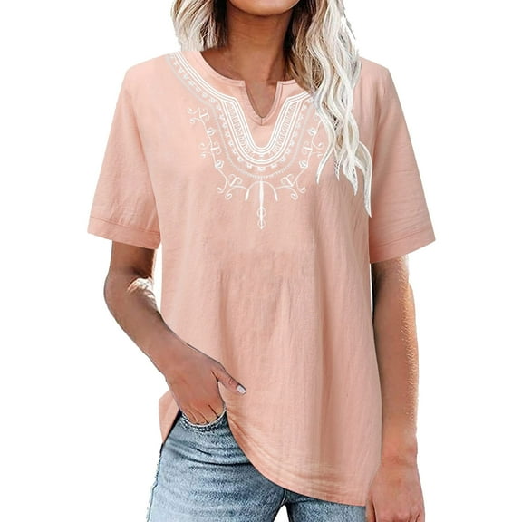 Njoeus Tops for Women Trendy White Tops for Women Women's Summer V Neck Boho Embroidered Shirts Women Cotton Linen Shirt Dressy Blouse Casual Short Sleeve Beach Vacation Tunic Tops Hawaiian Shirts for