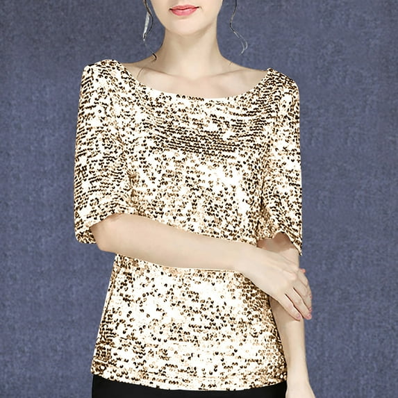 Njoeus Tops for Women Trendy, Women's Full Sequin Tops Glitter Party Shirt Short Sleeve Sparkly Blouses S-5XL Plus Size