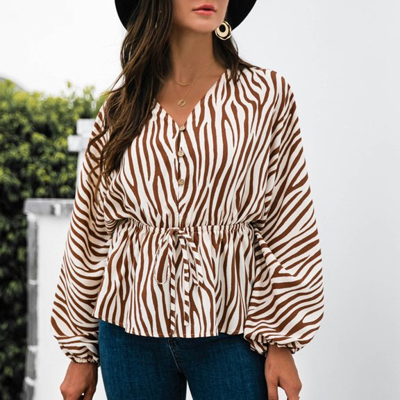 Njoeus Tshirts Shirts for Women, Women Elegant Bell Long Sleeve Striped T-Shirt Tie Waist Ruffle Office Work Shirts Casual Button V-Neck Blouse Tops