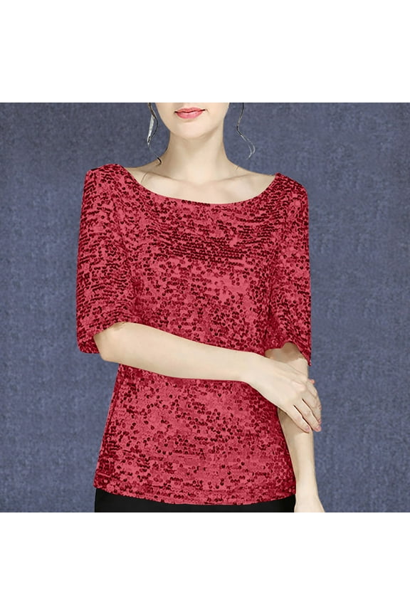 Women Sweatshirt, Women's Full Sequin Tops Glitter Party Shirt Short Sleeve Sparkly Blouses S-5XL Plus Size