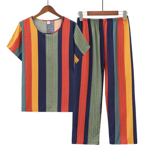 Njoeus Two Piece Sets for Women Dressy, Pajama Pants Women Women's Pajama Sets Summer Two Piece Striped Outfits Set Short Sleeve Tops Capris Pants Loungewear Cotton Linen Set Cute Pajama Sets for Wome