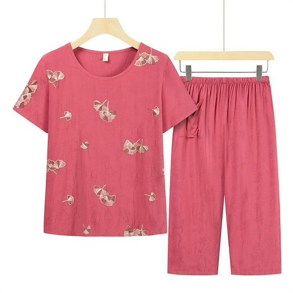 Njoeus Two Piece Sets for Women Dressy, Pajamas for Women Two Piece Sets for Women Summer Outfits Pajama Set Cute Print Short Sleeve Tops with Capris Pants Pjs Set - Imitation Cotton Linen Cute Pajama
