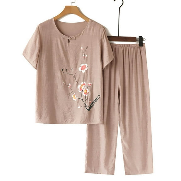 Njoeus Two Piece Sets for Women Dressy, Womens Two Piece Outfits Women Pajama Set Sleepwear Plus Size Tops with Capris Pants Casual Floral Print Pajama Sets - Imitation Cotton Linen 2 Piece Sets for W