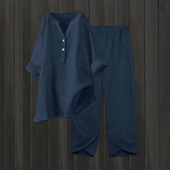 Njoeus Two Piece Sets for Women, Pajamas for Women Cotton Linen Set for Women Two Piece Summer Outfits Button Long Sleeve Top with Wide Leg Long Pants Tracksets Loungewear S-3Xl Sets for Women Clothin
