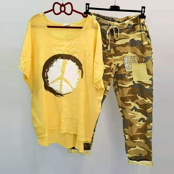Njoeus Two Piece Sets for Women Summer, Pajama Pants Women Women's 2 Piece Outfits Sweatsets Casual Short Sleeve Graphic Shirt Tops and Pants Women Summer Cotton Linen Lounge Sets Track Pjs Sets S-5Xl