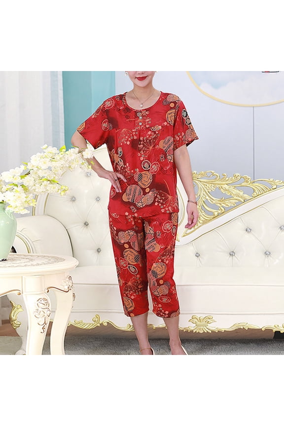 Two Piece Sets for Women, Women Pajama Sets Cotton Pajama Sets for Women 2 Piece Floral Print Pjs Set Summer Comfy Sleepwear Short Sleeve Shirt Capris Pajamas Pants Women Plus Size Loungewear H