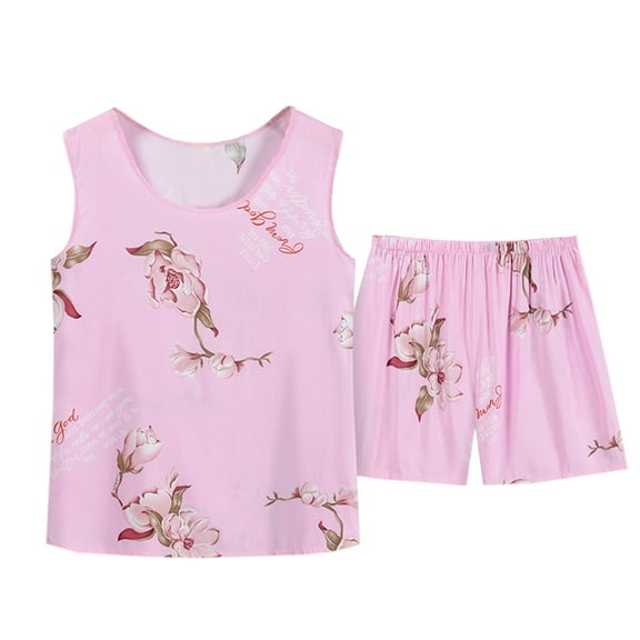 Njoeus Two Piece Sets for Women, Women Pajama Sets Women's Two Piece Cotton Pajama Set Floral Print Sleeveless Cami Shorts Comfy Sleepwear Plus Size Summer Outfit Loungewear Xl-4Xl 2 Piece Sets for Wo