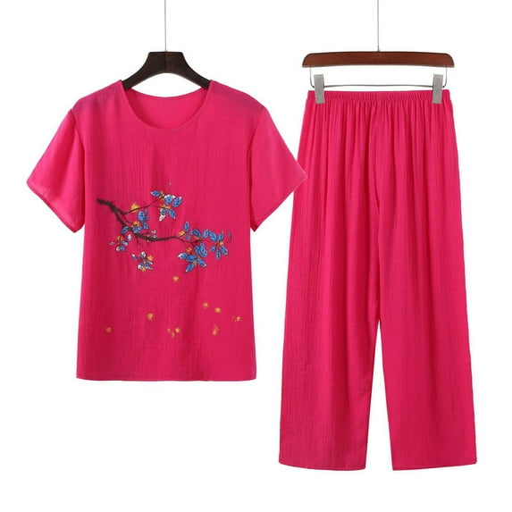 Njoeus Two Piece Sets for Women, Womens Two Piece Outfits Women's Capris Pajama Sets Summer Cotton Linen Plus Size Sleepwear Top with Capris Pants 2 Piece Sleep Pjs Set Matching Pajamas for Women On C