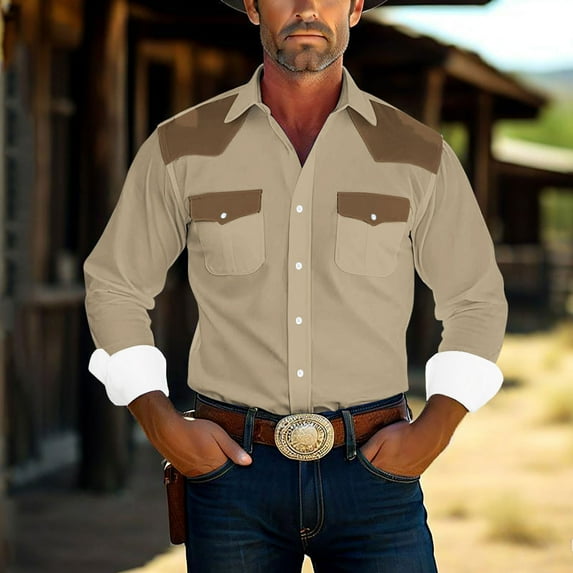 Njoeus Western Shirts for Men Big & Tall Buttons Down Long Sleeve Shirts Comfy Cotton Regular Fitted Color Block Mens Shirts Casual Work T-Shirt with Pockets 3X 4X 5X Summer Savings Khaki