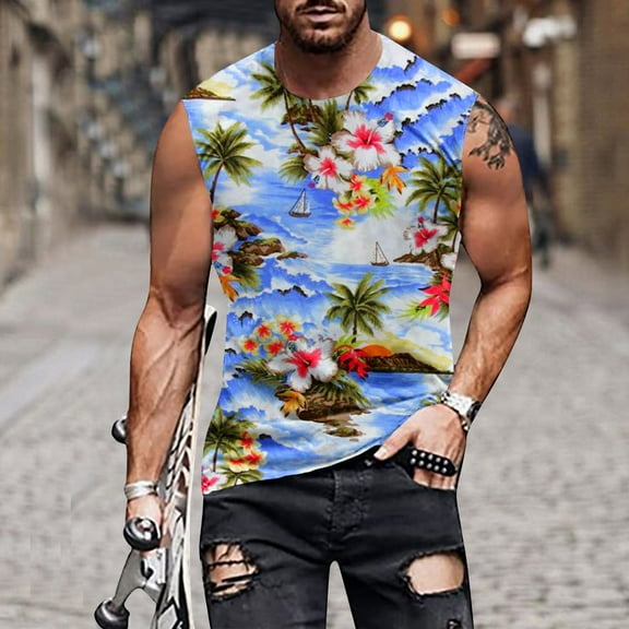 Njoeus White Blouse Sports Shirts for Men Mens Floral Print Tank Top Summer Casual Novelty Gym Workout Bodybuilding Tank Tops Sleeveless Tees Hawaiian Beach Shirts M-4Xl Oversized Tee Shirt Men