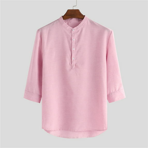 Njoeus White Blouse T Shirts for Man Men's Lounge Shirts Button Casual Half Sleeve Linen T-Shirt Stand-Up Collar Beach Blouse Shirt Tops Blouse Short Sleeve Shirts for Men