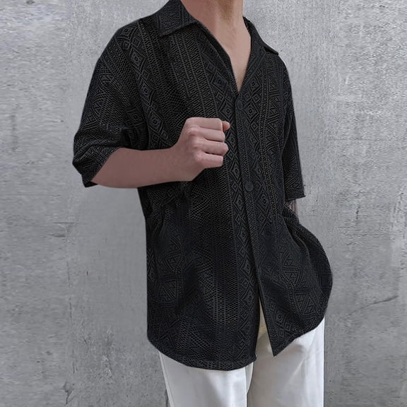 Njoeus White Blouse Workout Tops Men's Casual Summer Hollow Out T-Shirt Short Sleeve Vacation Party Beach Shirts Button Lace Pacthwork Shirt Tops Mens Shirts