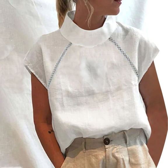 Njoeus White Cotton Linen High Neck Short Sleeve Women Spring Summer Dress Casual Crew Neck T-Shirt Lace Cut Out Solid Breathable Loose Blouse Top