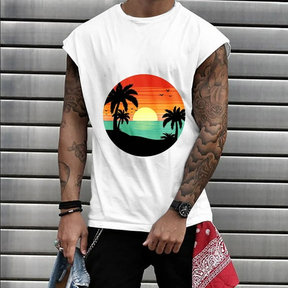 Njoeus White T Shirts for Men Short Sleeve Tops Palm Trees Beach Sunset | Mens Casual Graphic Tank Top, Men Sleeveless Vests Workout Gym Tees Shirt Summer Tops Men's Tank Tops