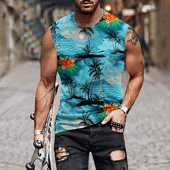 Njoeus White T Shirts for Men Workout Tops Men's Hawaiian Sleeveless Tank Tops Vests Floral Print Crewneck Tee Shirt Casual Beach Vacation T-Shirt M-4Xl Men's Tank Tops