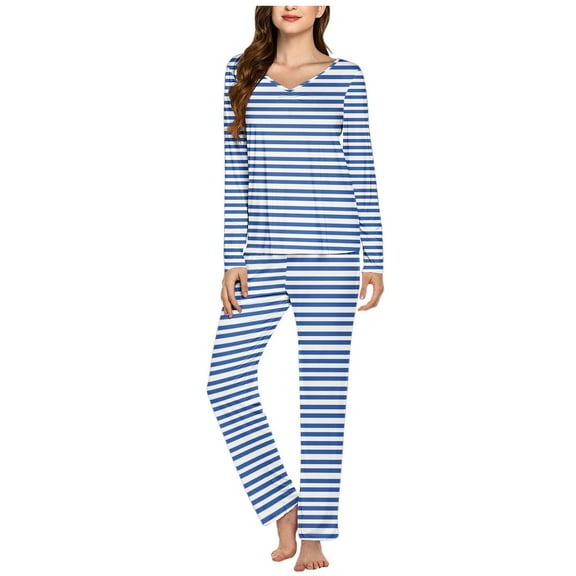 Njoeus White Two Piece Outfits for Women Pajamas for Women Plus Size Women's Pajama Sets Casual Striped/Gradient/Solid Casual Long Sleeve Top and Long Pants 2 Piece Pjs Set Night Shirts for Women Slee