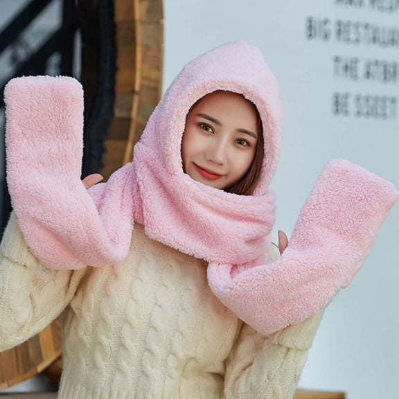 Njoeus Winter Hoodie Hat Scarf Gloves Set for Women,Warm Soft Fleece Women Siamese Pocket Hooded Hat Long Scarf Shawl Wrap