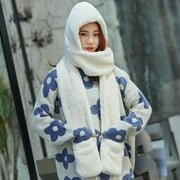 Njoeus Winter Hoodie Hat Scarf Gloves Set for Women,Warm Soft Fleece Women Siamese Pocket Hooded Hat Long Scarf Shawl Wrap