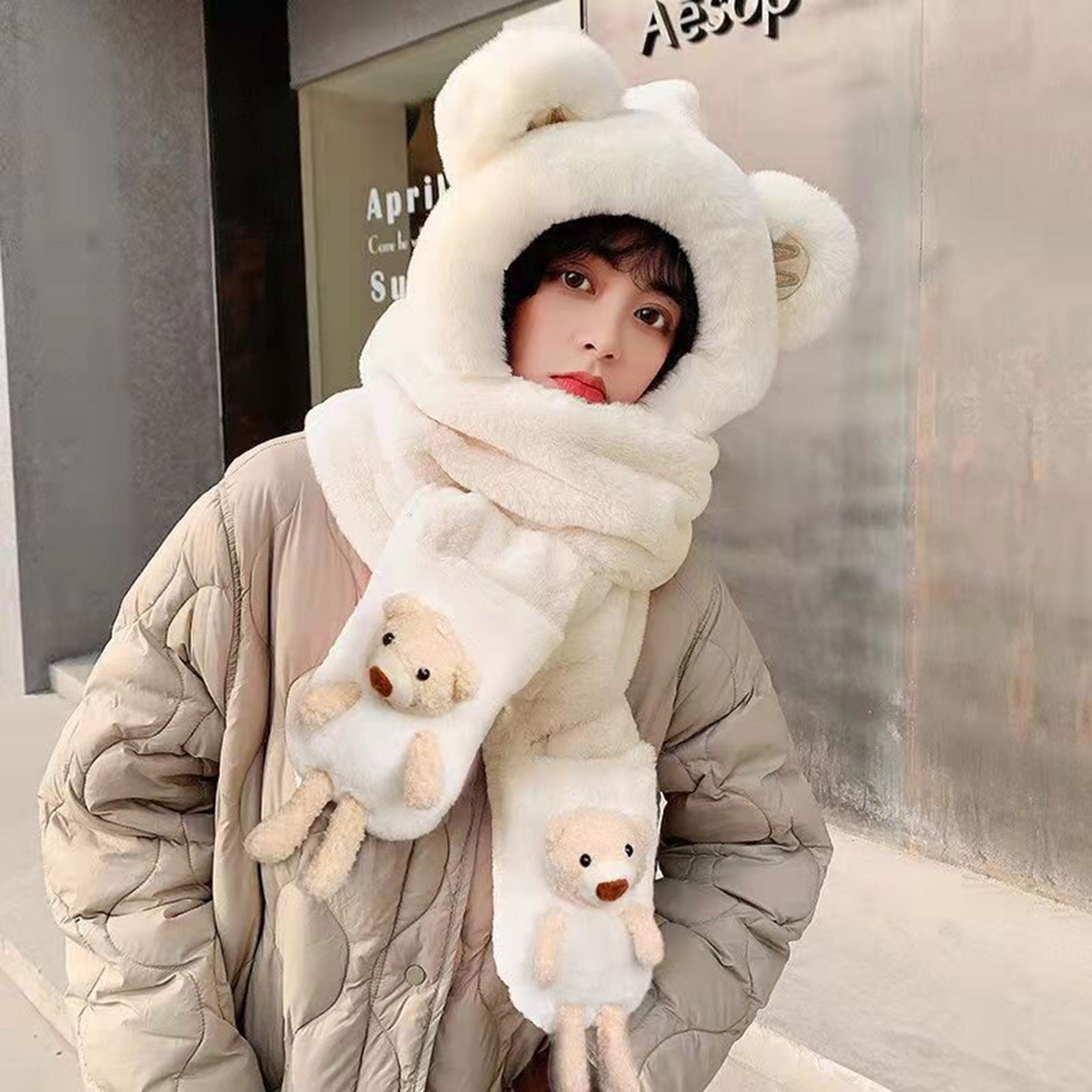 Ibluelover 3-in-1 Faux Fur Animal Hat – Convertible Hood, Scarf & Mittens, Plush Beanie With Paw Pockets For Halloween & Winter Costume (One Size Fits Most)