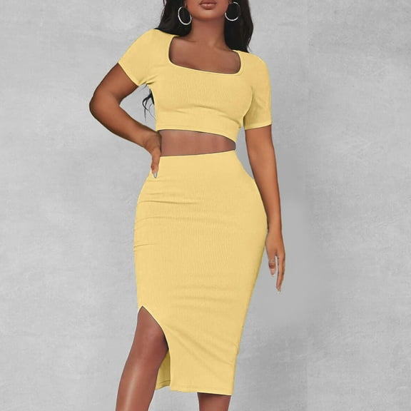 Njoeus Women 2 Piece Bodycon Midi Club Dresses Outfits Casual Short Sleeve Crop Top and Side Split Skirt Set