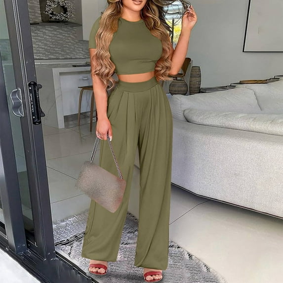 Njoeus Women 2 Piece Outfits Casual Short Sleeve Crop Tops High Waist Wide Leg Long Pants Set Jumpsuits Loungewear Tracksuit S-5XL Plus Size