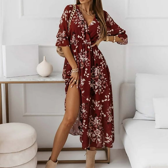 Njoeus Women Boho Floral Chiffon Long Dresses Deep V Neck Loose Half Sleeve Split Flowy Wrap Maxi Dress