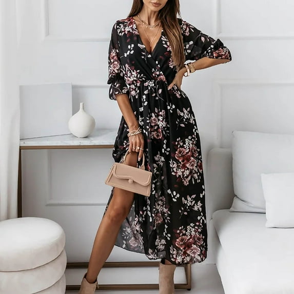 Njoeus Women Boho Floral Chiffon Long Dresses Deep V Neck Loose Half Sleeve Split Flowy Wrap Maxi Dress
