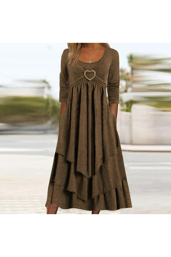 Women Casual Crewneck Maxi Dress Boho Long Sleeve Ruffle Layered Long Midi Dresses Knee Length