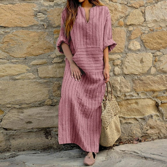 Njoeus Women Casual Long Sleeve V-Neck Striped Plain Maxi Dress Pocket Loose Cotton Linen Long Dresses S-5XL Plus Size