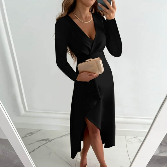 Njoeus Women Casual V Neck Wrap Maxi Dress Flowy Long Sleeve High Waist Ruffle Split Midi Dress Fall Dresses for Cocktail Party Work Office