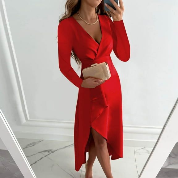 Njoeus Women Casual V Neck Wrap Maxi Dress Flowy Long Sleeve High Waist Ruffle Split Midi Dress Fall Dresses for Cocktail Party Work Office