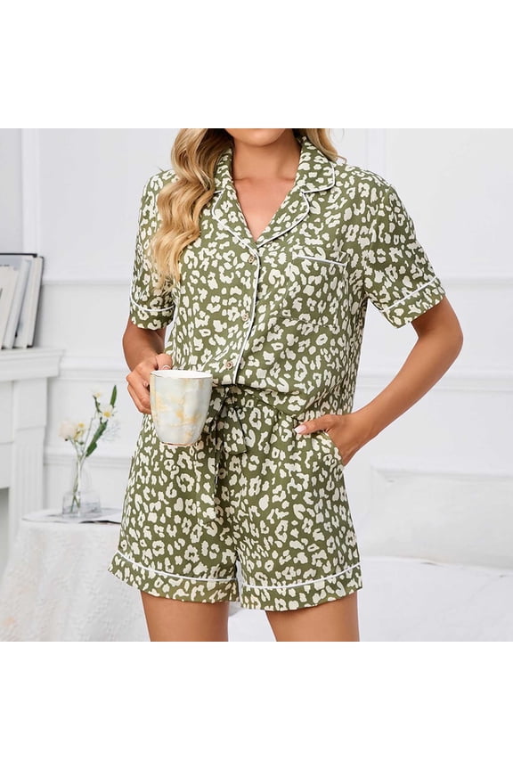 Women Classic Button-Down Soft Sleepwear Tops and Shorts Pajamas Set Leopard Print Nightwear Lounge Wear Set S-5XL (Available in plus size)