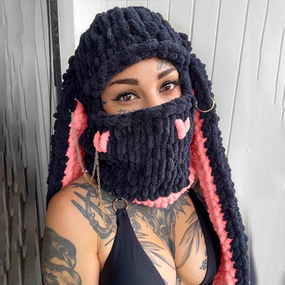 Njoeus Women Knit Beanie Hats Cute Bunny Long Ears Funny Balaclava Hat Winter Cap Warm Knit Rabbit Crochet Skull Cap Outdoor Slouchy Hat
