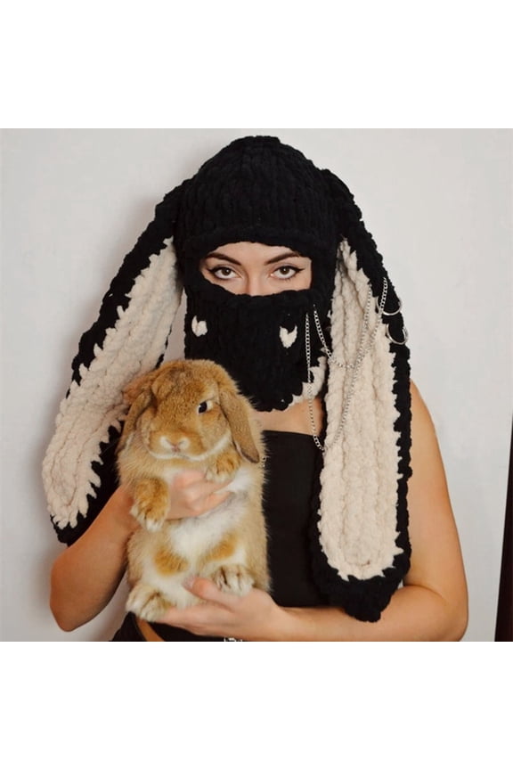 Women Knit Beanie Hats Cute Bunny Long Ears Funny Balaclava Hat Winter Cap Warm Knit Rabbit Crochet Skull Cap Outdoor Slouchy Hat
