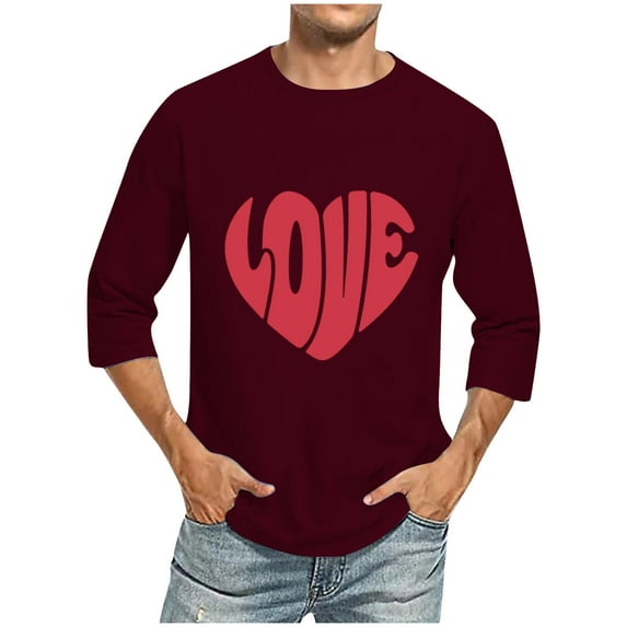 Njoeus Women Men Heart Graphic Tees Big & Tall Casual 3/4 Sleeve Shirts Loose Fitted Crewneck Gym Workout T-Shirt Plus Size 3X 4X 5X Clearance Wine